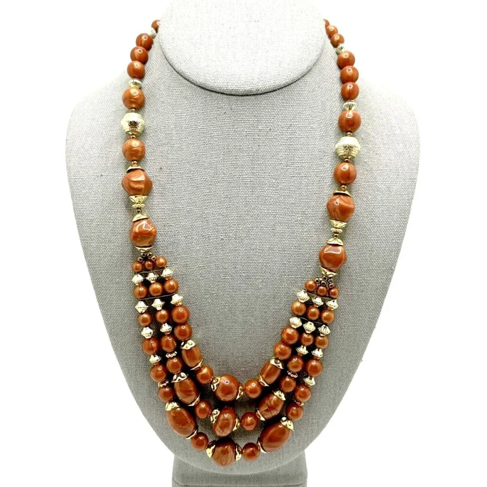 Vintage Swirl Lucite Bib Necklace Multi Strand Tan Bead Statement Gold Tone 20